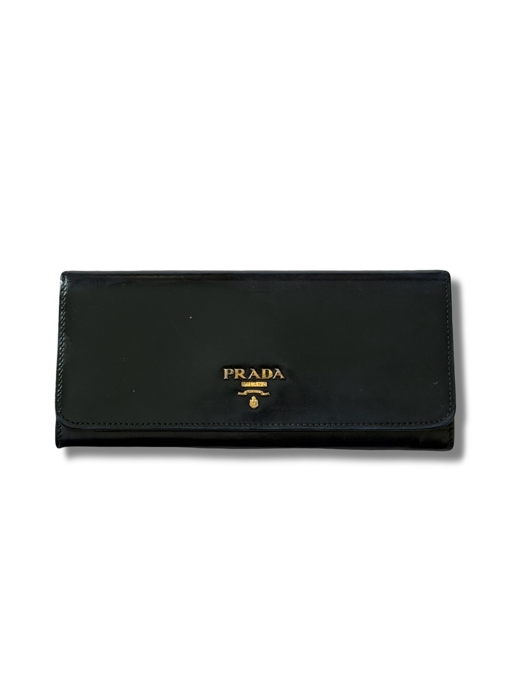Prada Black Leather Continental Wallet with Gold Logo Hardware